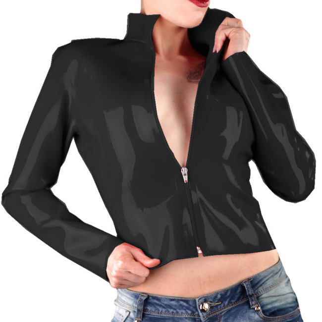 Turn-down Neck Short Jackets Streetwear Gothic Glossy Women PVC Leather Faux Latex Slim Fit Front Zip Coats Party Club