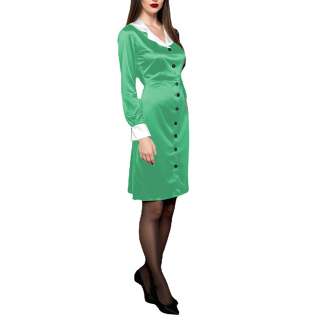 Office Ladies Single-breasted Satin Slim Dress Women Elegant Turn-down Collar Knee Length Shirt Dress Long Sleeve Female Dresses