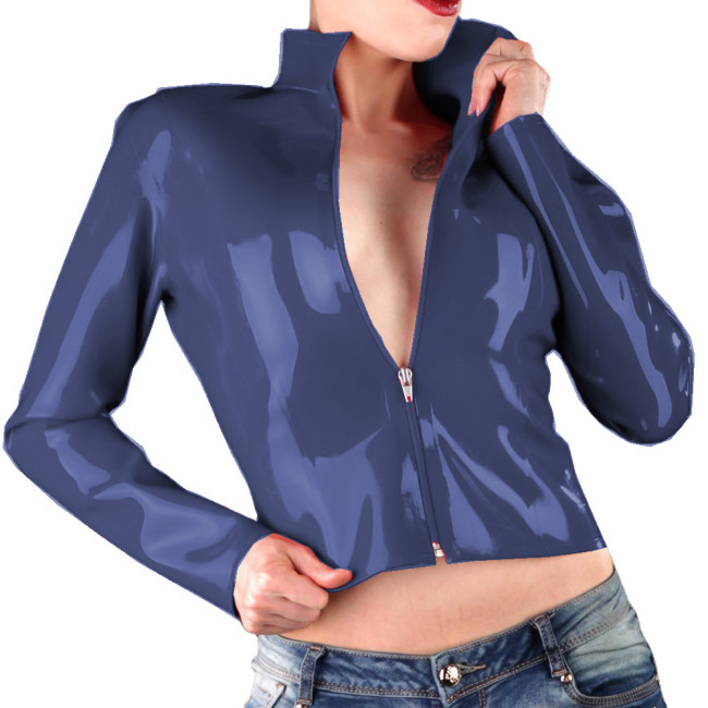 Turn-down Neck Short Jackets Streetwear Gothic Glossy Women PVC Leather Faux Latex Slim Fit Front Zip Coats Party Club