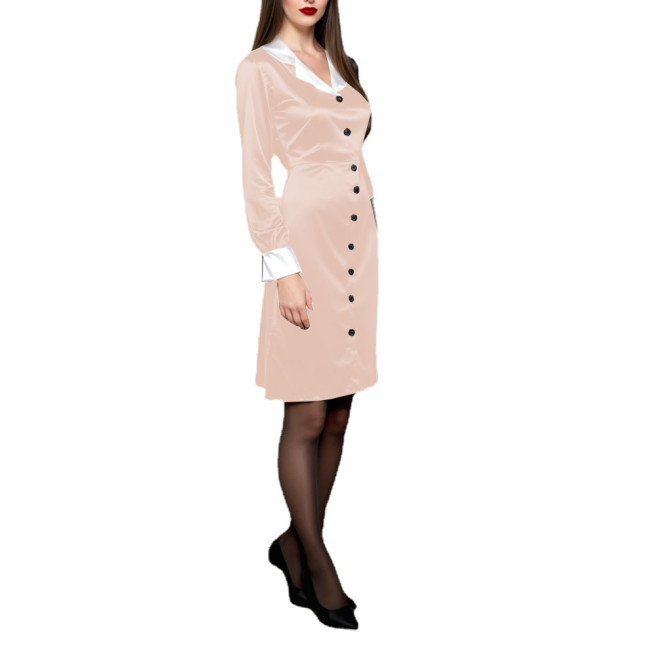 Office Ladies Single-breasted Satin Slim Dress Women Elegant Turn-down Collar Knee Length Shirt Dress Long Sleeve Female Dresses