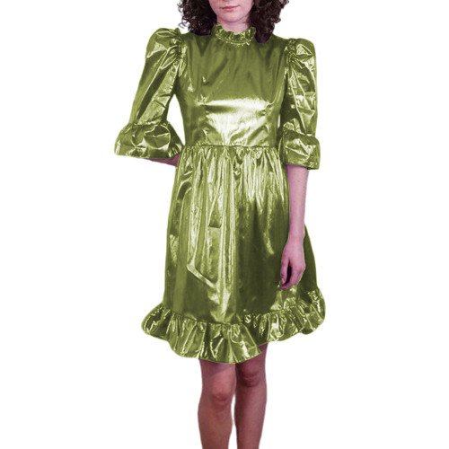 Ruffles Sweet Shiny Metallic Women Short Flared Dress High Streetwear Female Slim Vinyl Half Sleeve Solid Color Party Mini Dress