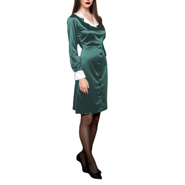Office Ladies Single-breasted Satin Slim Dress Women Elegant Turn-down Collar Knee Length Shirt Dress Long Sleeve Female Dresses