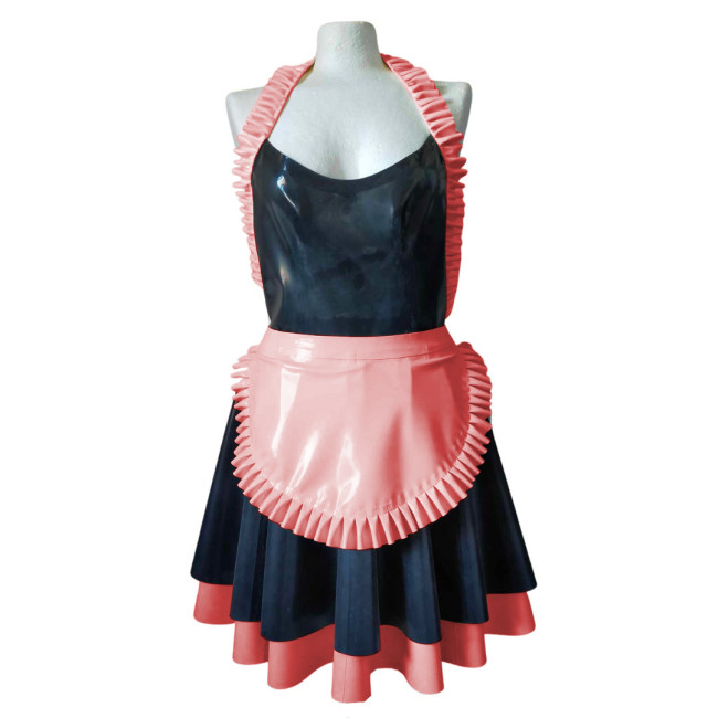 Sissy Ruffles Halter Backless A-line Shiny PVC Leather Mini Maid Dress with Apron Exotic Sleeveless Pleated Cosplay Maid Uniform