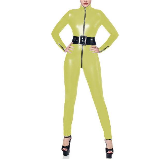 Womens Long Sleeve Party PU Faux Leather Jumpsuit Female Zipper Open Crotch Catsuit Punk Stretch Ankle Length Rompers Clubwer