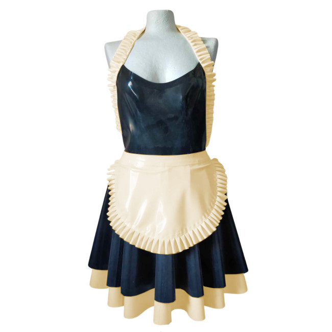 Sissy Ruffles Halter Backless A-line Shiny PVC Leather Mini Maid Dress with Apron Exotic Sleeveless Pleated Cosplay Maid Uniform
