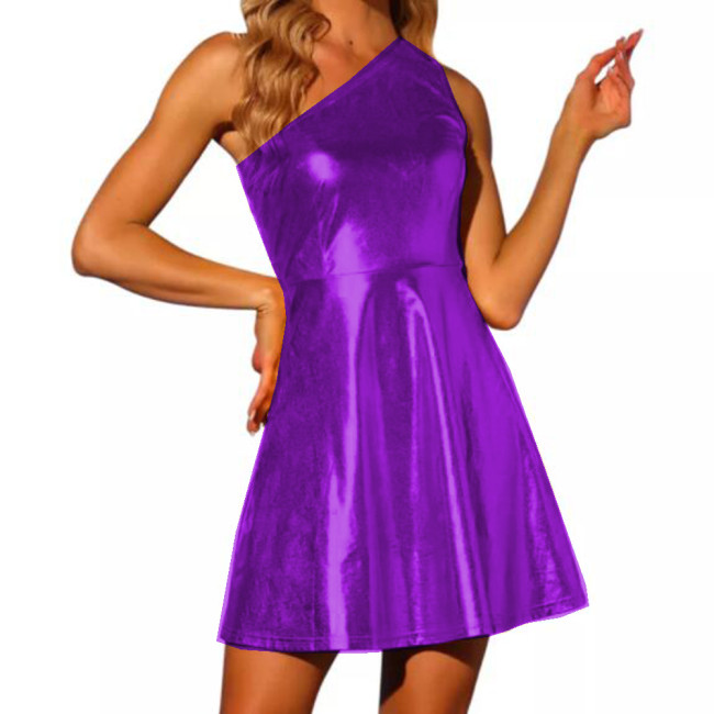 A-line Dress Costume High Streetwear Party Vestido Club Vinyl Oblique Shoulder Shiny Metallic Women Sexy Sleeveless Mini Dress