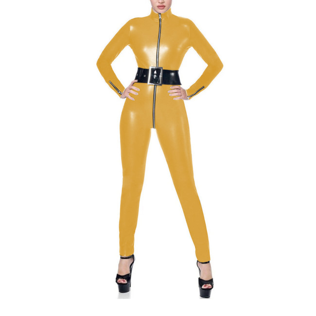 Womens Long Sleeve Party PU Faux Leather Jumpsuit Female Zipper Open Crotch Catsuit Punk Stretch Ankle Length Rompers Clubwer