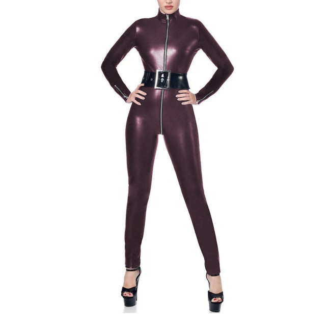 Womens Long Sleeve Party PU Faux Leather Jumpsuit Female Zipper Open Crotch Catsuit Punk Stretch Ankle Length Rompers Clubwer