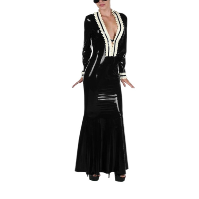 Lady Sexy Vinyl PVC Leather Ruffles V-Neck Long Dress Elegant Cocktail Party Gown Long Sleeve Evening Dresses Wetlook Vestido