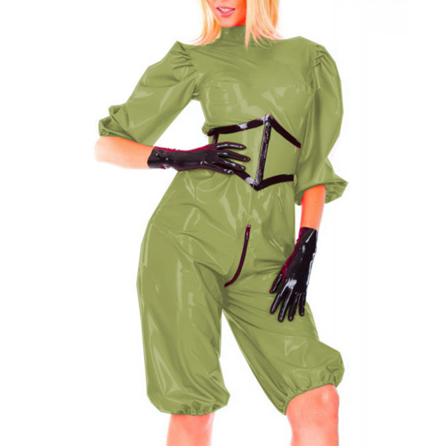 Bubble Half Sleeve Loose Sissy Knee-Length PVC Shiny Rompers with Belted Exotic Zipper Open Crotch Jumpsuit Fetish Body Suit