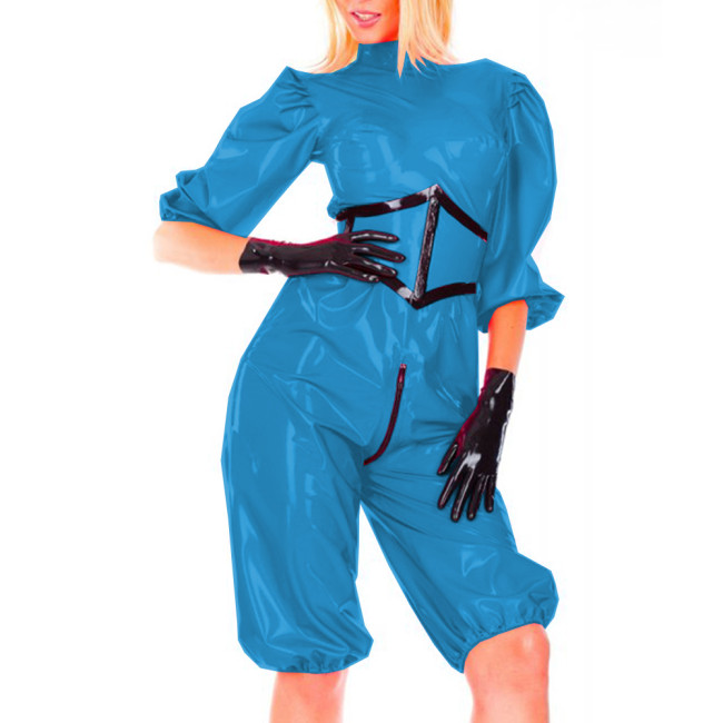 Bubble Half Sleeve Loose Sissy Knee-Length PVC Shiny Rompers with Belted Exotic Zipper Open Crotch Jumpsuit Fetish Body Suit