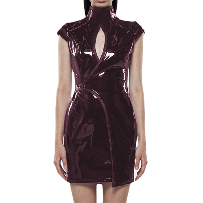 Wetlook PVC Leather Women Sexy Short Sleeve Mini Sheath Dress High Neck Buckle Back Zip Hollow Out Dress Night Party Club Street