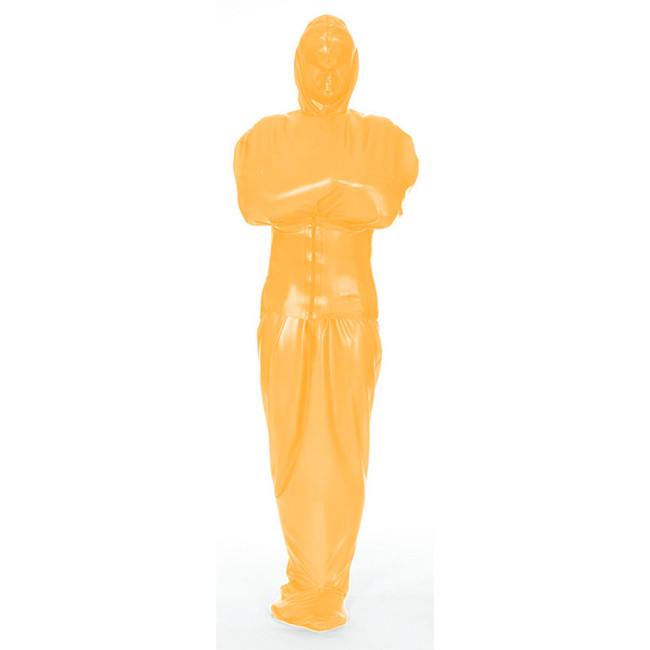 Exotic Wetlook PVC Leather Full Catsuit with Wide Belt Unisex Bondage-Sack Hooded Bodysuit Fetish Sexy Body Bag Sleepsack Custom