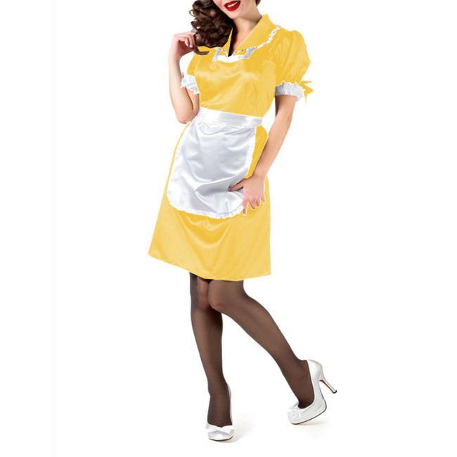 French Turn-down Collar Satin Maid Uniform Lolita Short Sleeve Party Princess Apron Maid Dress Halloween Cosplay Maid Outfits