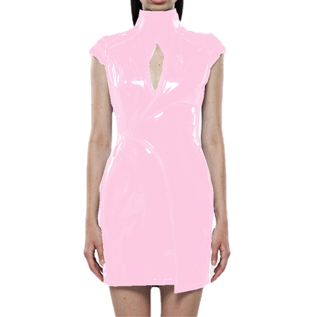 Wetlook PVC Leather Women Sexy Short Sleeve Mini Sheath Dress High Neck Buckle Back Zip Hollow Out Dress Night Party Club Street