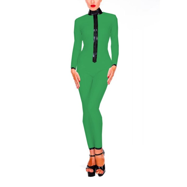 Women Glossy PVC Leather Patchwork High Neck Jumpsuits Fetish Zip Long Sleeve Wet Look Catsuit Stretch Bodycon Rompers Nightclub
