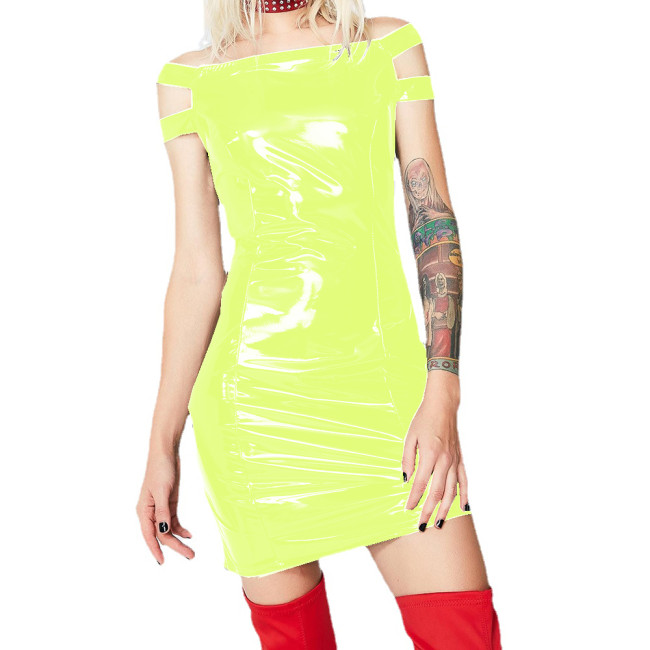 Wetlook PVC Women Slash Neck Sexy Bodycon Mini Dress Faux Latex Off Shoulder Sheath Dress Vestidos Night Club Party Streetwear