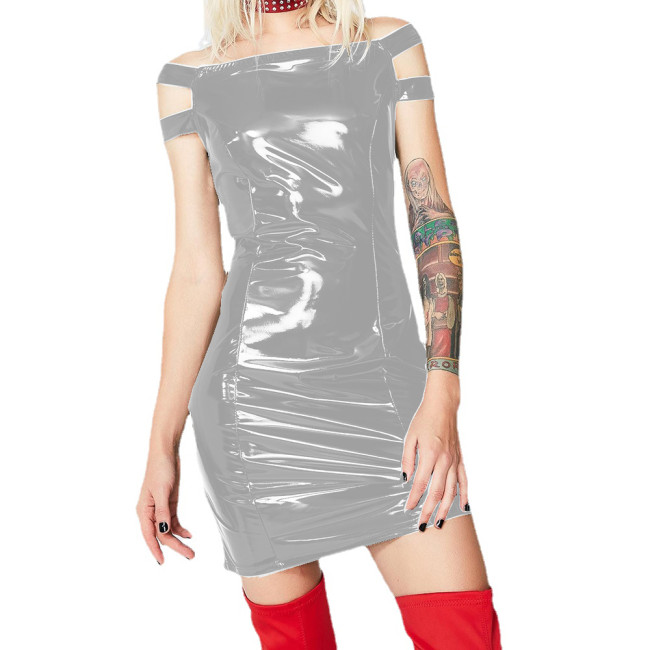 Wetlook PVC Women Slash Neck Sexy Bodycon Mini Dress Faux Latex Off Shoulder Sheath Dress Vestidos Night Club Party Streetwear