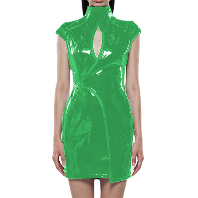 Wetlook PVC Leather Women Sexy Short Sleeve Mini Sheath Dress High Neck Buckle Back Zip Hollow Out Dress Night Party Club Street