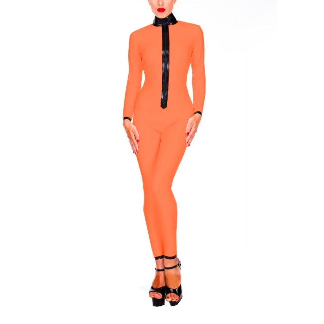 Women Glossy PVC Leather Patchwork High Neck Jumpsuits Fetish Zip Long Sleeve Wet Look Catsuit Stretch Bodycon Rompers Nightclub