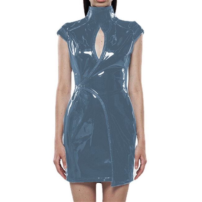 Wetlook PVC Leather Women Sexy Short Sleeve Mini Sheath Dress High Neck Buckle Back Zip Hollow Out Dress Night Party Club Street