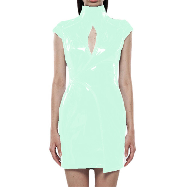Wetlook PVC Leather Women Sexy Short Sleeve Mini Sheath Dress High Neck Buckle Back Zip Hollow Out Dress Night Party Club Street