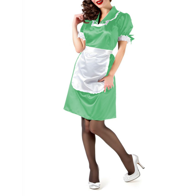French Turn-down Collar Satin Maid Uniform Lolita Short Sleeve Party Princess Apron Maid Dress Halloween Cosplay Maid Outfits
