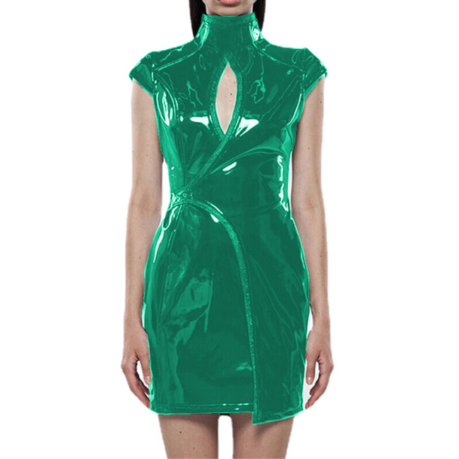 Wetlook PVC Leather Women Sexy Short Sleeve Mini Sheath Dress High Neck Buckle Back Zip Hollow Out Dress Night Party Club Street
