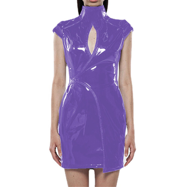 Wetlook PVC Leather Women Sexy Short Sleeve Mini Sheath Dress High Neck Buckle Back Zip Hollow Out Dress Night Party Club Street