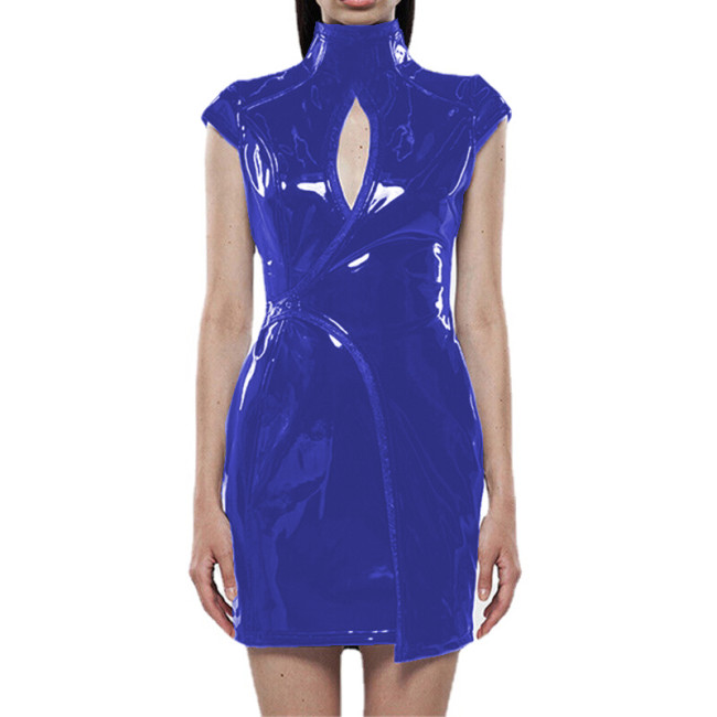 Wetlook PVC Leather Women Sexy Short Sleeve Mini Sheath Dress High Neck Buckle Back Zip Hollow Out Dress Night Party Club Street