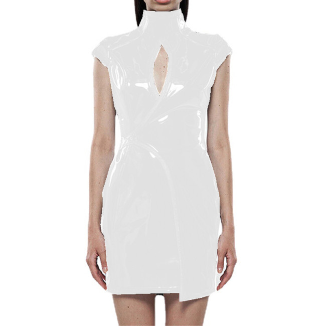 Wetlook PVC Leather Women Sexy Short Sleeve Mini Sheath Dress High Neck Buckle Back Zip Hollow Out Dress Night Party Club Street
