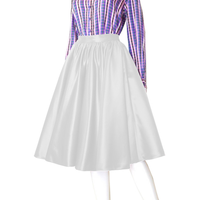 Womens Streetwear High Waist Satin A-Line Skirts Elegant Solid Color Knee-Length Skirt Office Lady Midi OL Pleated Midi Skirts