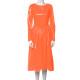 Womens Crew Neck Vinyl PVC Leather Party Midi Gown Dress Long Sleeve Female Slim Pleated Long Flared Dress Elegant Solid Dresses