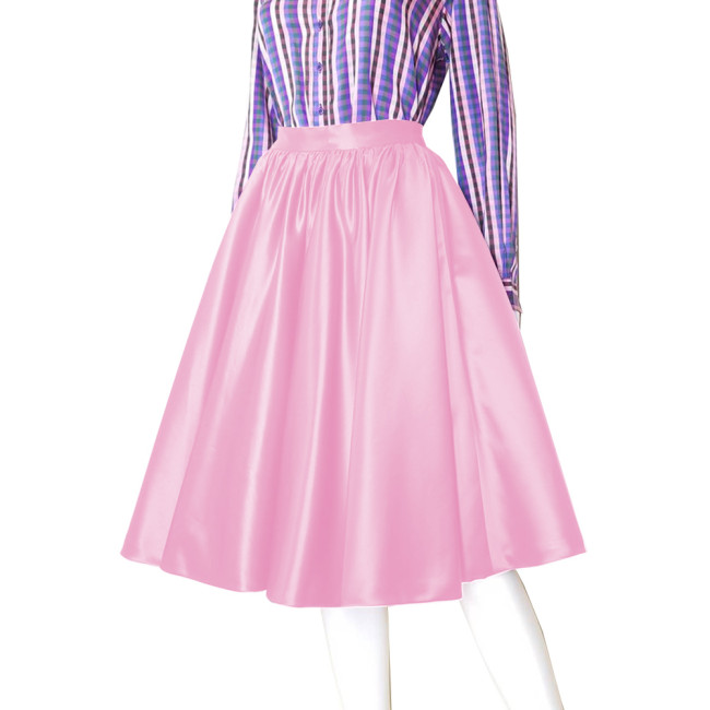 Womens Streetwear High Waist Satin A-Line Skirts Elegant Solid Color Knee-Length Skirt Office Lady Midi OL Pleated Midi Skirts