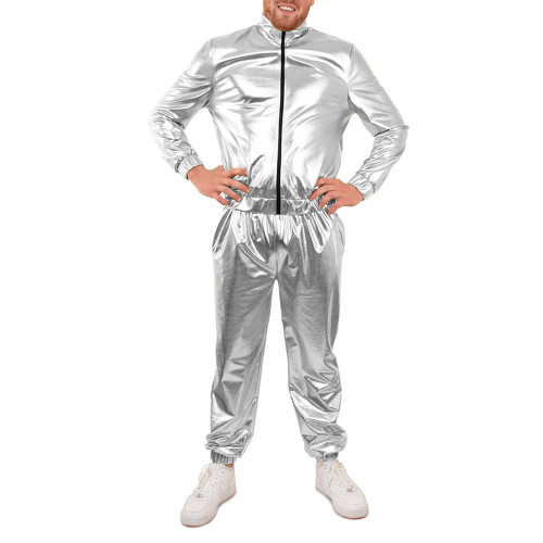 Mens Shiny Metaliic Long Sleeve Jumpsuit Sexy Vinyl Zipper High Neck Overalls Elastic Waist Rompers Male Party Clothing Clubwear