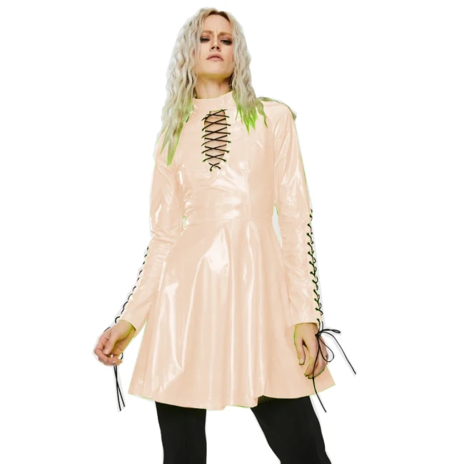 Women PVC Long Sleeve Gothic Dress Vinyl  Hollow Out  A-Line Dress High Waist  Above Knee Mini Party Dress Plus Size 7XL