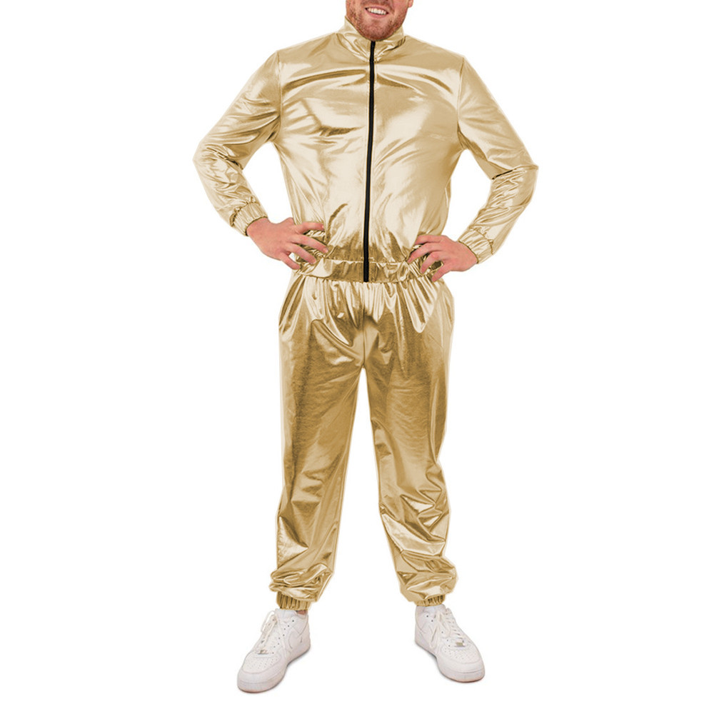 Mens Shiny Metaliic Long Sleeve Jumpsuit Sexy Vinyl Zipper High Neck  Overalls Elastic Waist Rompers Male