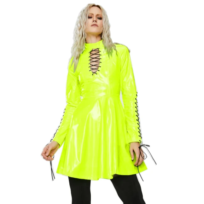 Women PVC Long Sleeve Gothic Dress Vinyl  Hollow Out  A-Line Dress High Waist  Above Knee Mini Party Dress Plus Size 7XL