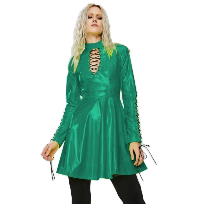 Women PVC Long Sleeve Gothic Dress Vinyl  Hollow Out  A-Line Dress High Waist  Above Knee Mini Party Dress Plus Size 7XL