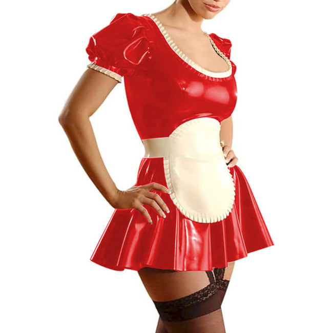 Maid Uniform Suits Wetlook PVC Leather Sexy Scoop Neck Short Sleeve A-line Mini Dress with Apron Party Club High Street Outfits