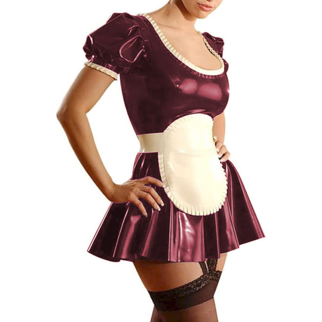 Maid Uniform Suits Wetlook PVC Leather Sexy Scoop Neck Short Sleeve A-line Mini Dress with Apron Party Club High Street Outfits