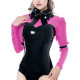 Womens Zipper Back Bow Neck Long Puff Sleeve Slim Tops Wetlook PVC Leather Female Blouse Elegant Vintage Patexhwork Tops T-shirt