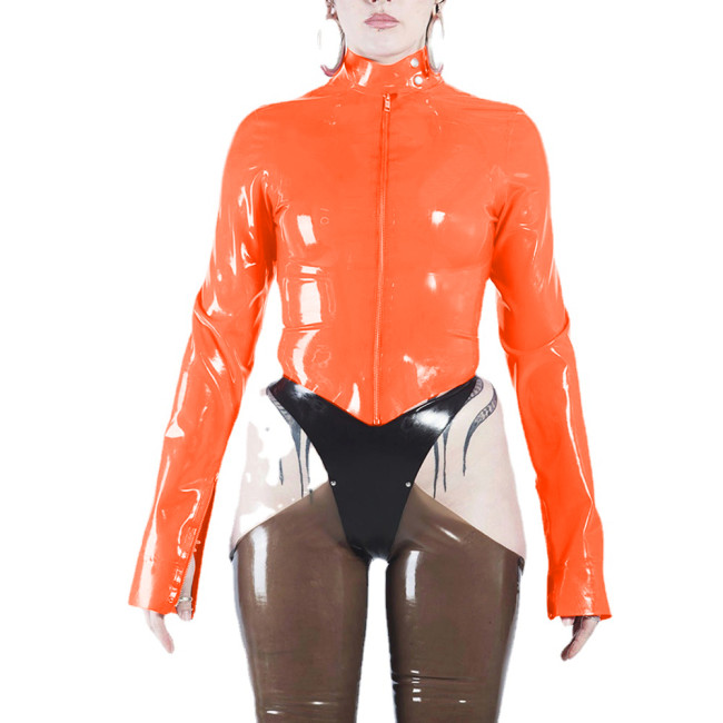 Retro Sexy Slim Motorcycle Shiny PVC Leather Jackets Women Long Sleeve Punk Coat Gothic Zipper High Neck Tops Coats Clubwear 7XL