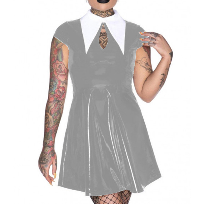 Women Wetlook PVC Leather Turn-down Neck Hollow Out A-line Mini Dress Fashion Short Sleeve Dress Sexy Lady Party Club Nightwear