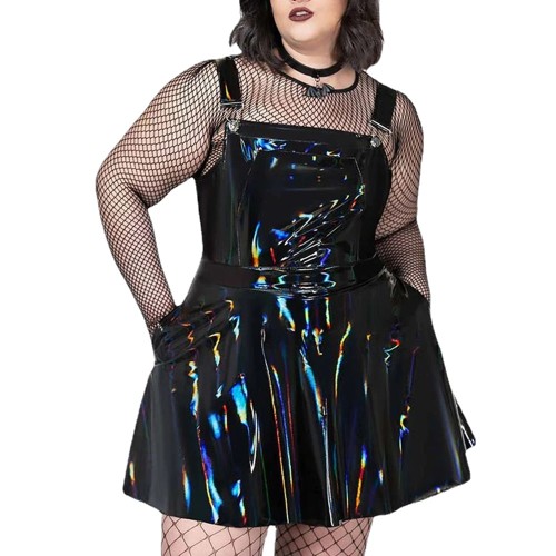 Plus Size Skirtalls Sexy Shiny Wetlook PVC Leather Pleated Dress Ladies Sundress Overalls Female Zipper Strap A-line Mini Dress