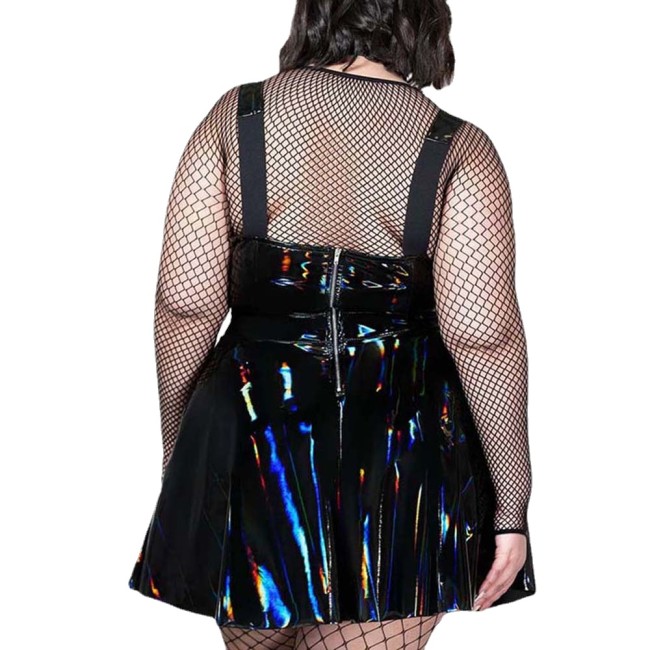 Plus Size Skirtalls Sexy Shiny Wetlook PVC Leather Pleated Dress Ladies Sundress Overalls Female Zipper Strap A-line Mini Dress