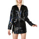 Fashion Punk Zipper Turn-down Collar Long Sleeve Mini Dress with Belt Glossy PVC Leather Party Bodycon Short Dress Streetwear