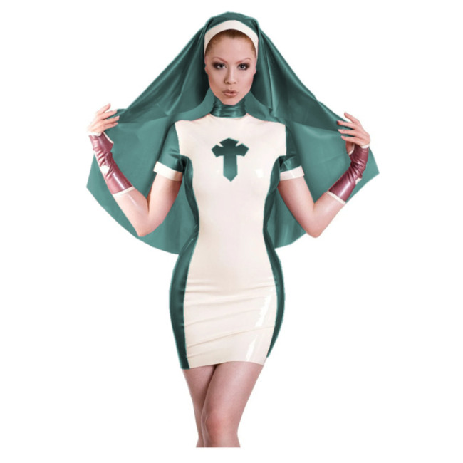 Fetish PVC Nuns Queen Uniform Sexy Latex Look Short Sleeve Bodycon Mini Dress With Nun Habit Headgear Unique Cosplay Costumes