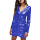 Fashion Sexy Vinyl V-neck Ruched Bodycon Mini Dress for Womens Shiny PVC Leather Long Sleeve Slim Party Dress Wetlook Clubwear