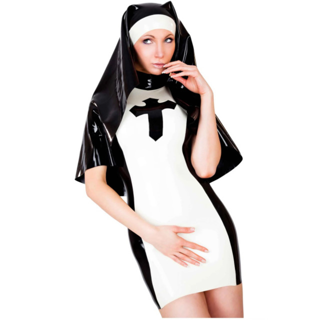 Fetish PVC Nuns Queen Uniform Sexy Latex Look Short Sleeve Bodycon Mini Dress With Nun Habit Headgear Unique Cosplay Costumes